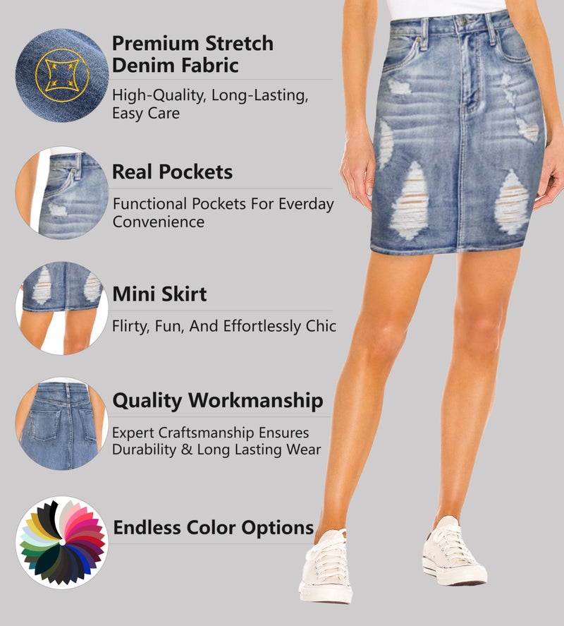 Lexi Womens Stretch Pencil Skirts with Functional Pockets, A Line & Destructed Mini Denim Skirts SKS22895 Potassium 12 - Image 2